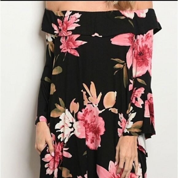 Black Floral Off-The-Shoulder Dress-Medium  - Picture 3 of 5